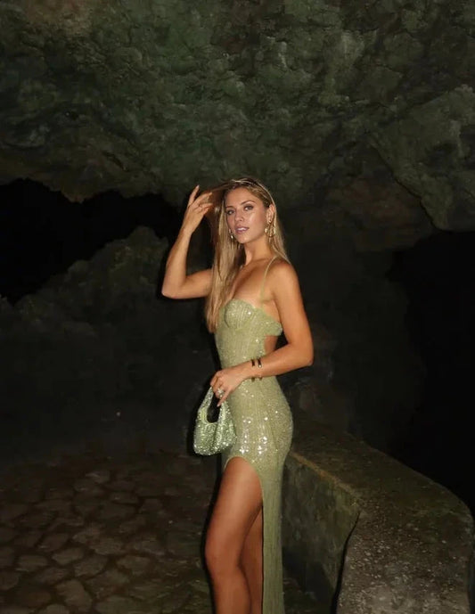 Shiny Green Sheath Spaghetti Strap Sequin Open Back Floor-Length Evening Dress with Slit by YiHuiw