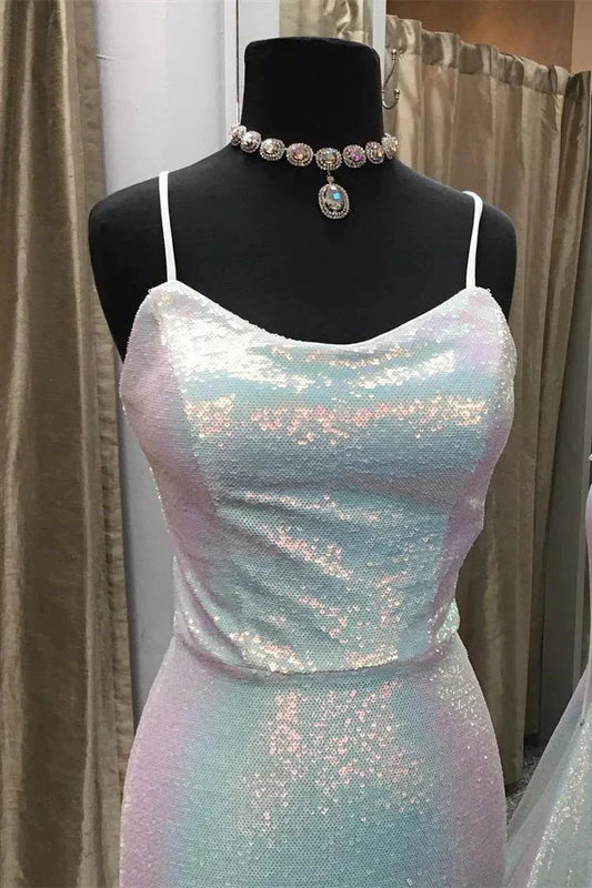 Shiny Spaghetti Straps Mermaid Sequin Long Prom Dresses simple gentle atmospheric and unique desi Bring summer colors to enhance whiteness by YiHuiw