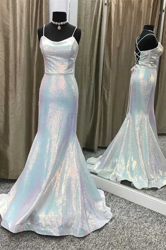 Shiny Spaghetti Straps Mermaid Sequin Long Prom Dresses simple gentle atmospheric and unique desi Bring summer colors to enhance whiteness by YiHuiw