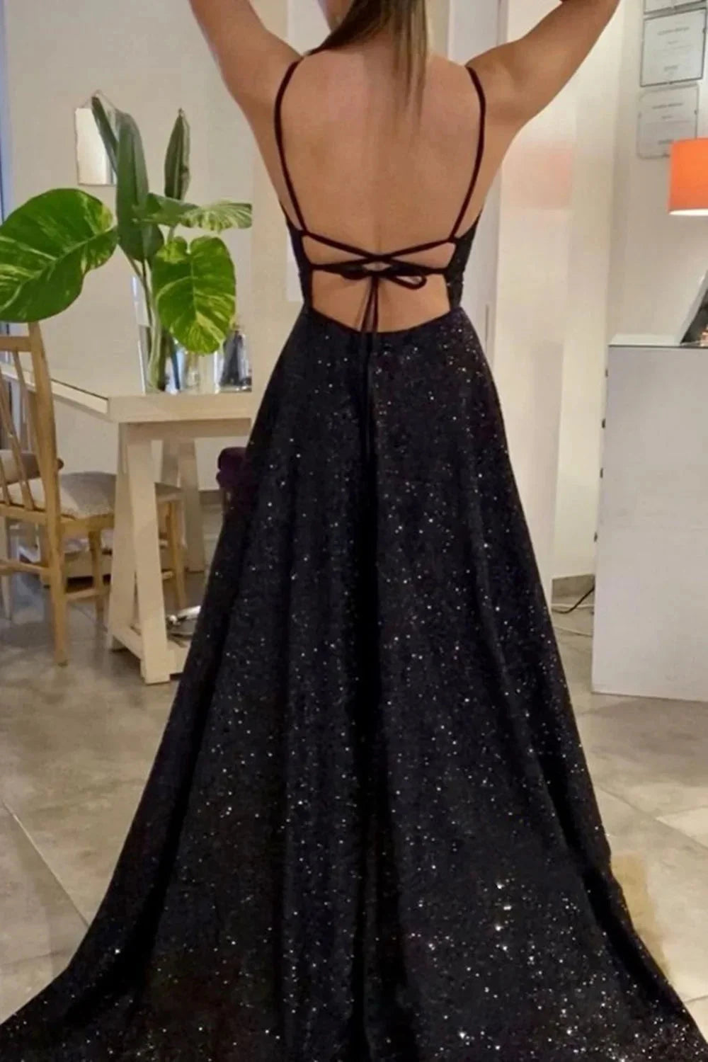 Shiny V Neck Backless Black Long Prom Dresses Sexy Formal Dresses Sparkly Black Evening Dress simple gentle atmospheric and unique desi Bring summer colors to enhance whiteness by YiHuiw