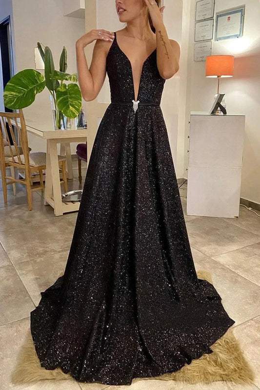 Shiny V Neck Backless Black Long Prom Dresses Sexy Formal Dresses Sparkly Black Evening Dress simple gentle atmospheric and unique desi Bring summer colors to enhance whiteness by YiHuiw