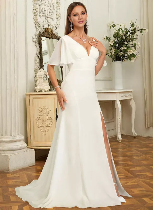 Mermaid Crepe High Slit Mini Wedding Dress - Yihuiw by Yihuiw