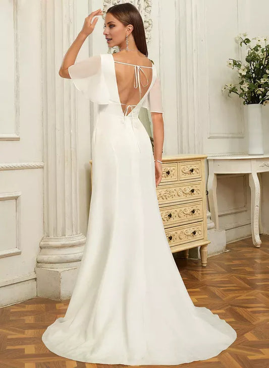 Mermaid Crepe High Slit Mini Wedding Dress - Yihuiw by Yihuiw