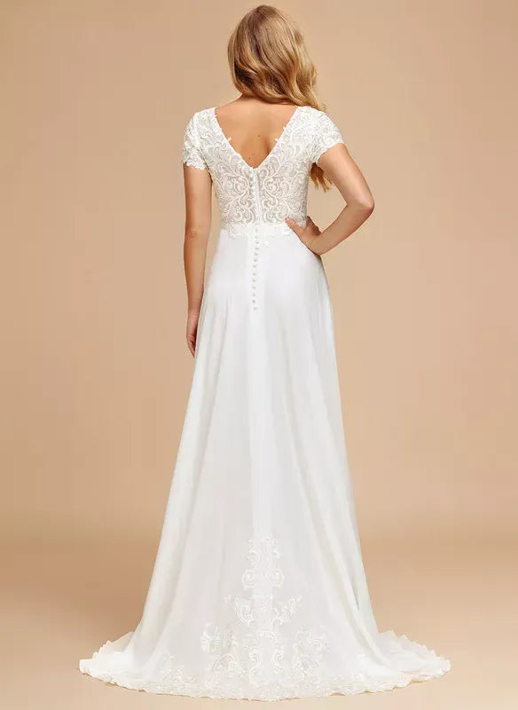Chiffon Button Back Train Mini Wedding Dress - Yihuiw by Yihuiw