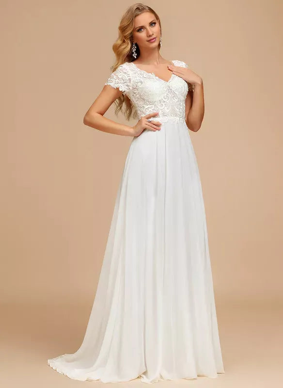 Chiffon Button Back Train Mini Wedding Dress - Yihuiw by Yihuiw
