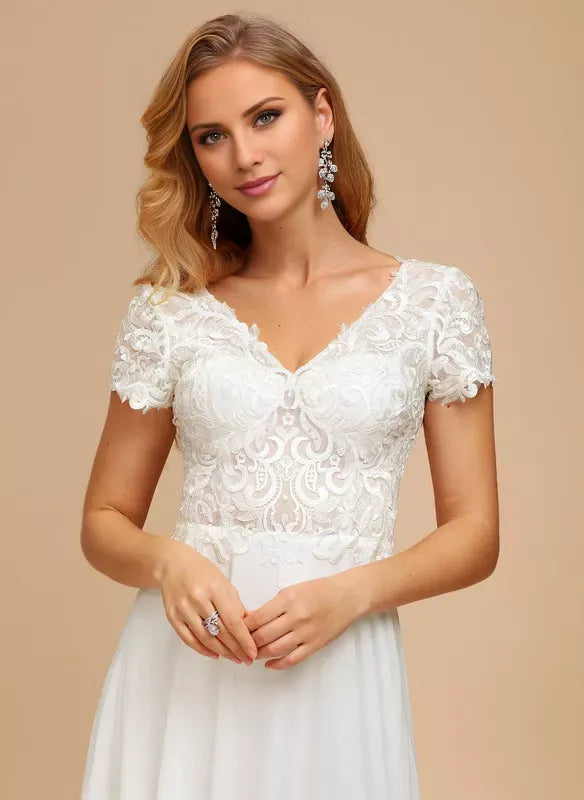 Chiffon Button Back Train Mini Wedding Dress - Yihuiw by Yihuiw