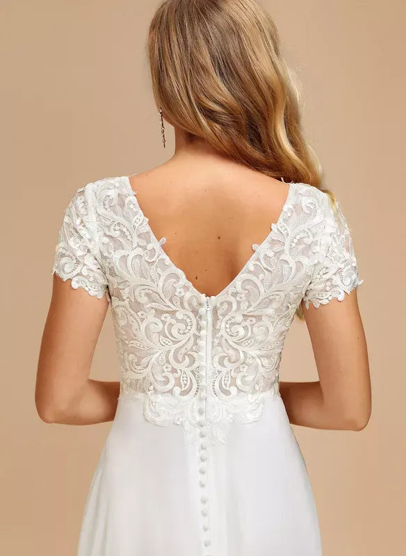 Chiffon Button Back Train Mini Wedding Dress - Yihuiw by Yihuiw
