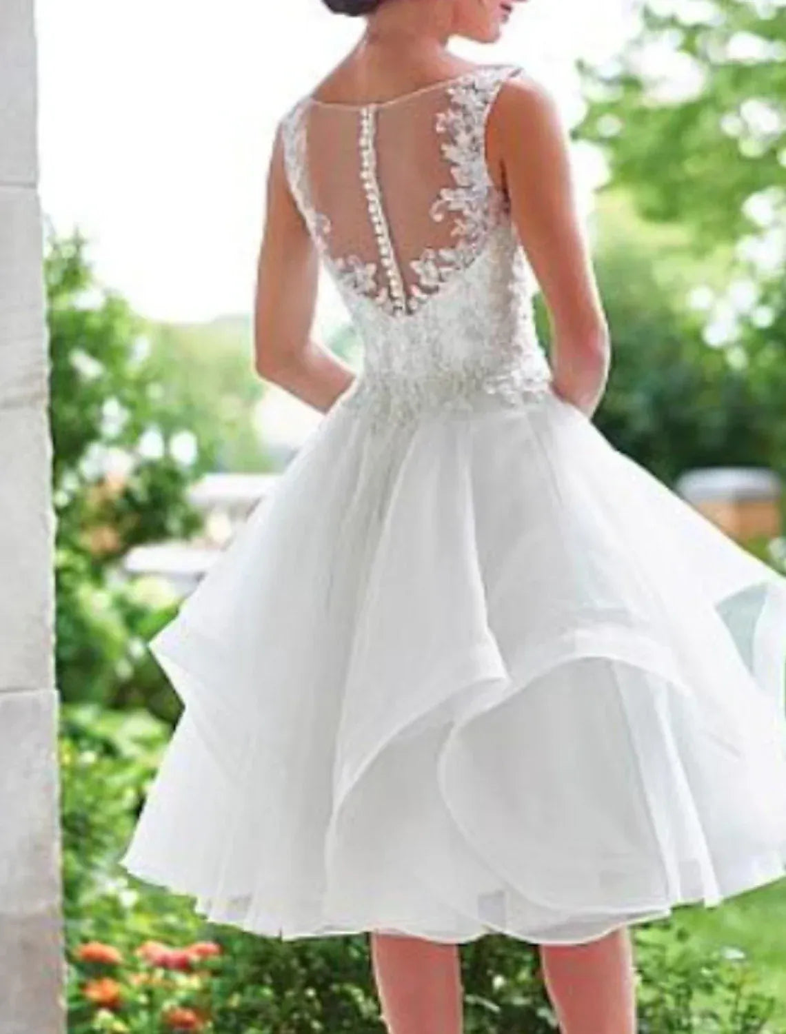 A-Line V-Neck Lace Short Sleeve Tiered Mini Wedding Dress - Yihuiw by Yihuiw