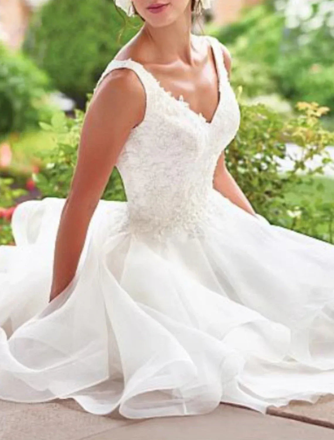 A-Line V-Neck Lace Short Sleeve Tiered Mini Wedding Dress - Yihuiw by Yihuiw