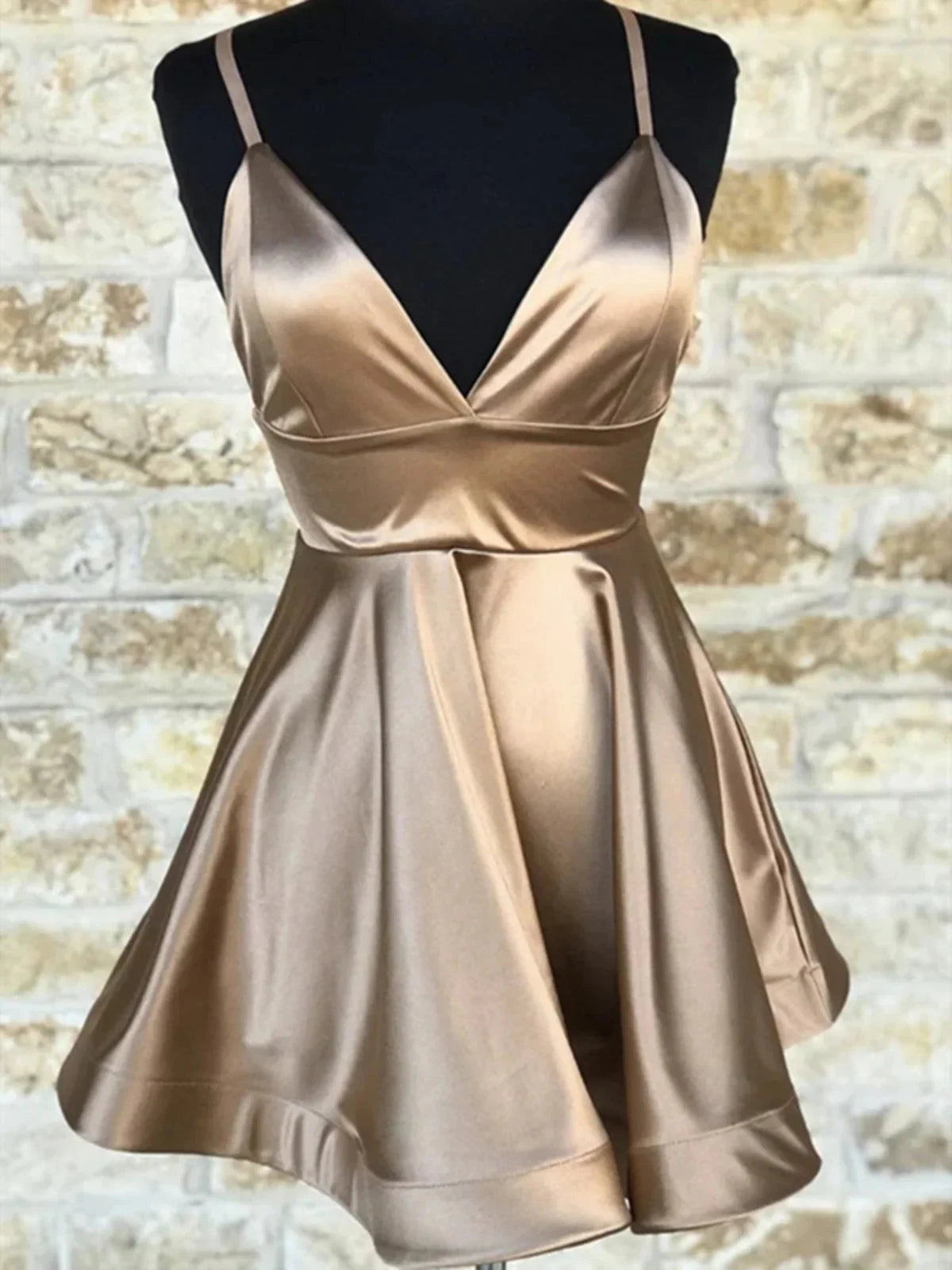 Short V Neck Champagne Prom Dresses, Short V Neck Champagne Graduation Homecoming Dresses by YiHuiw