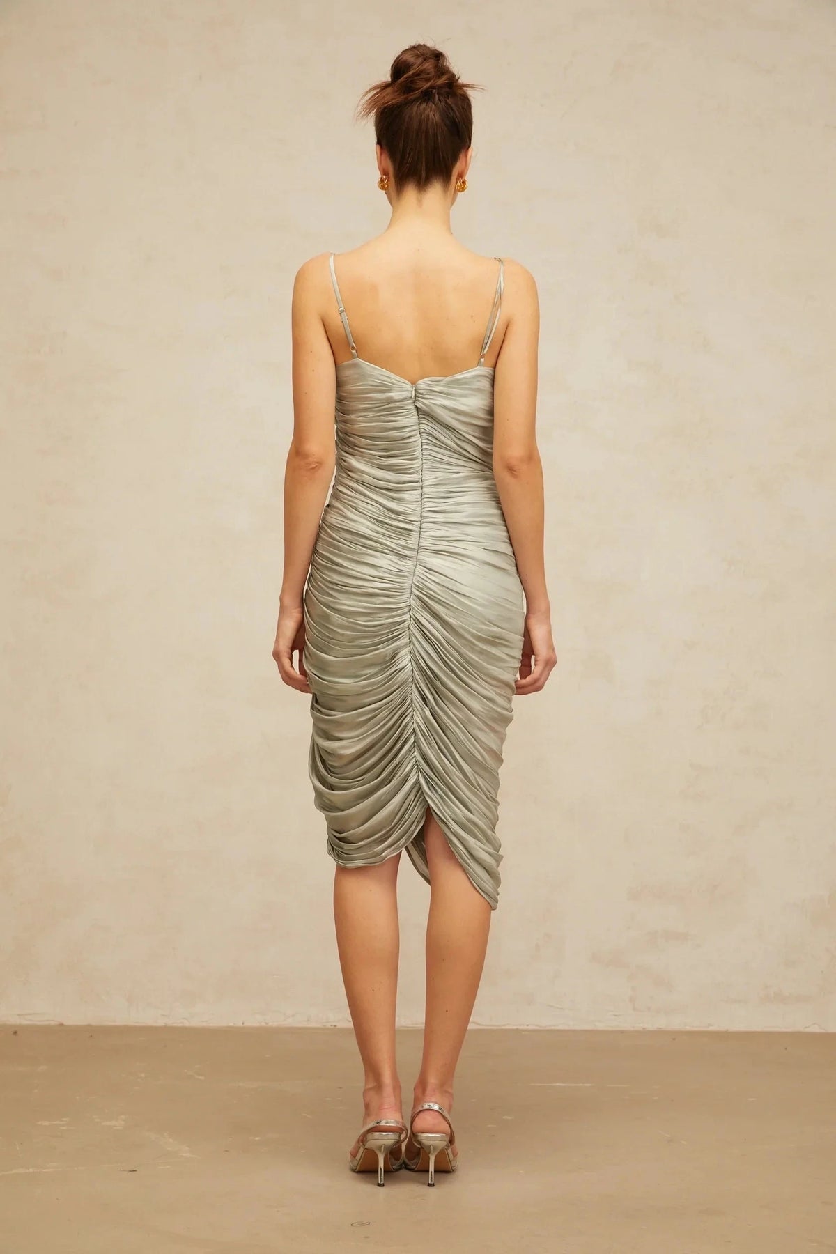Silver Grey One - Shoulder Ruched Midi Dress with High Slit Lison glossy ruched midi dress in Grayish-green Evening Dress by YiHuiw