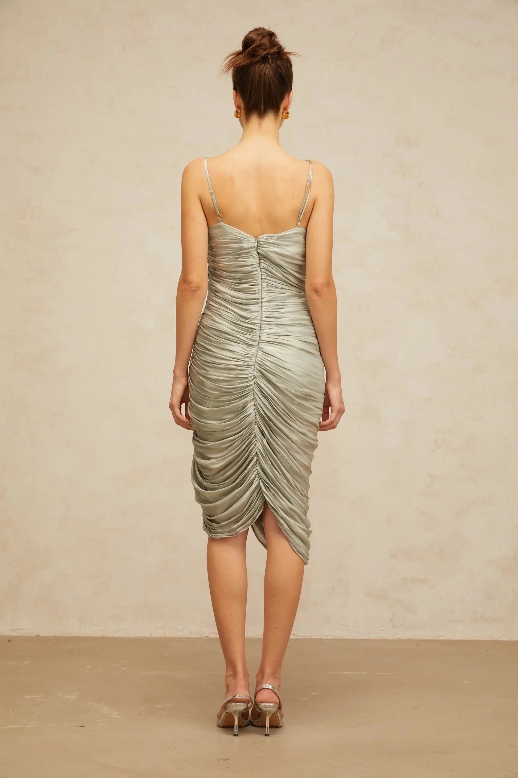 Silver Grey One - Shoulder Ruched Midi Dress with High Slit Lison glossy ruched midi dress in Grayish-green Evening Dress by YiHuiw
