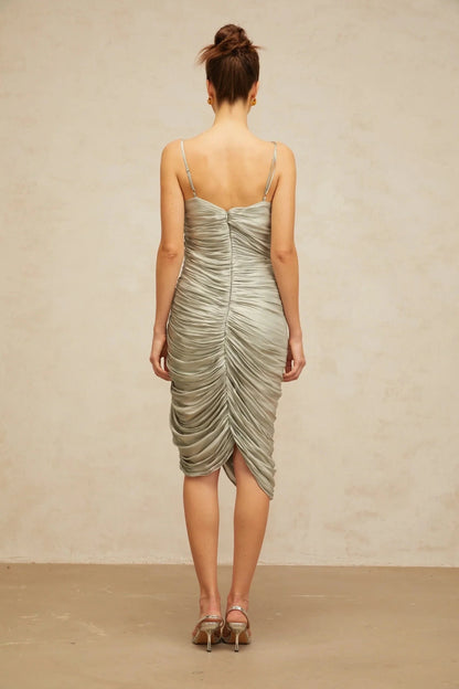 Silver Grey One - Shoulder Ruched Midi Dress with High Slit Lison glossy ruched midi dress in Grayish-green Evening Dress by YiHuiw