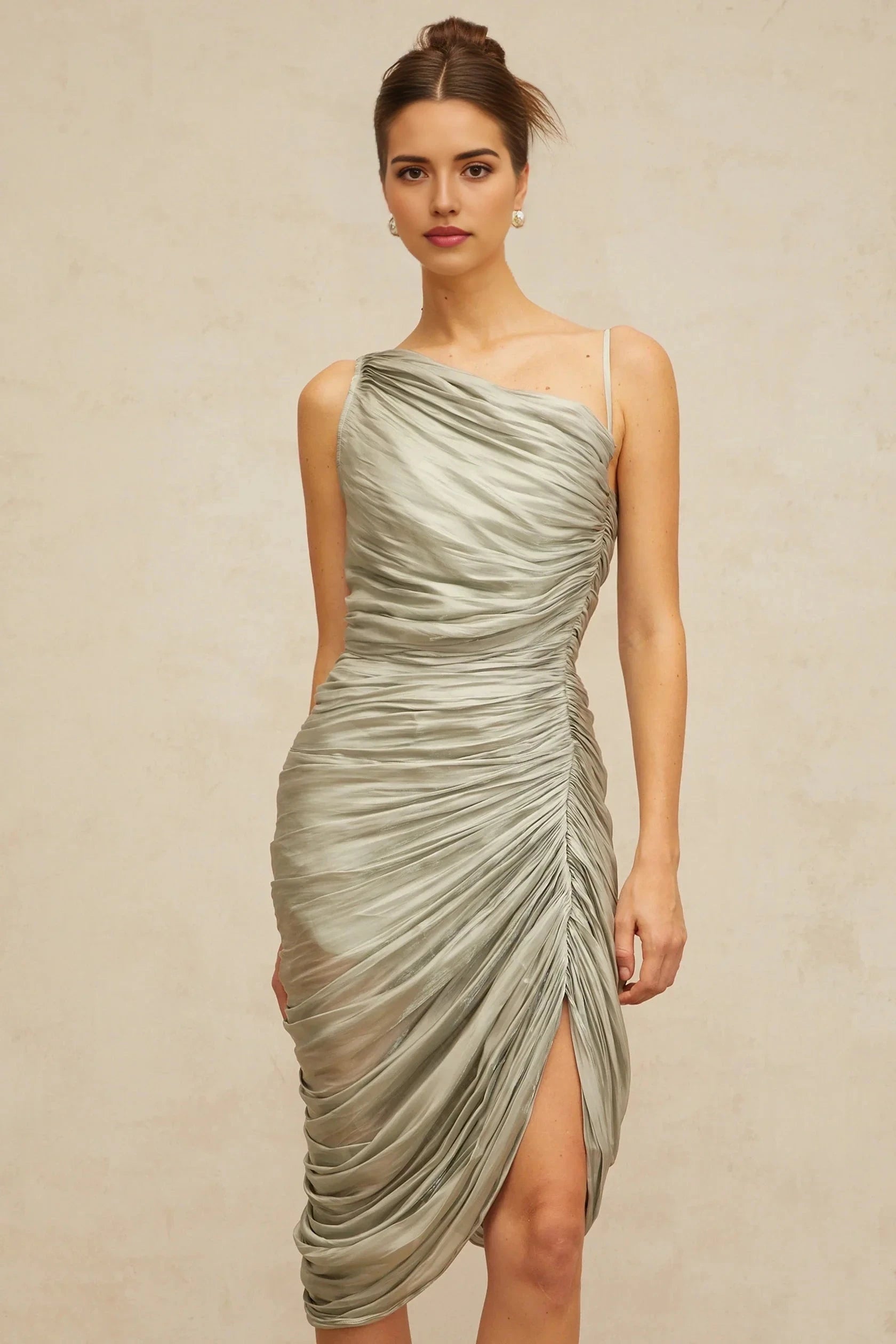 Silver Grey One - Shoulder Ruched Midi Dress with High Slit Lison glossy ruched midi dress in Grayish-green Evening Dress by YiHuiw