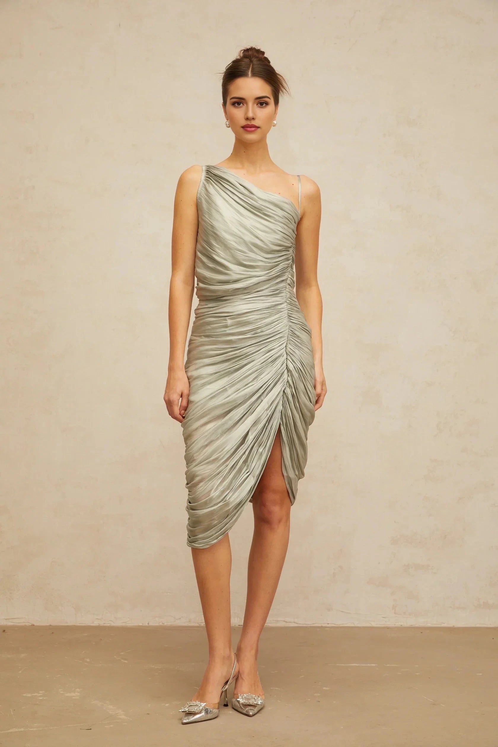 Silver Grey One - Shoulder Ruched Midi Dress with High Slit Lison glossy ruched midi dress in Grayish-green Evening Dress by YiHuiw