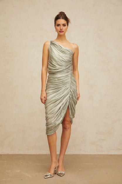 Silver Grey One - Shoulder Ruched Midi Dress with High Slit Lison glossy ruched midi dress in Grayish-green Evening Dress by YiHuiw
