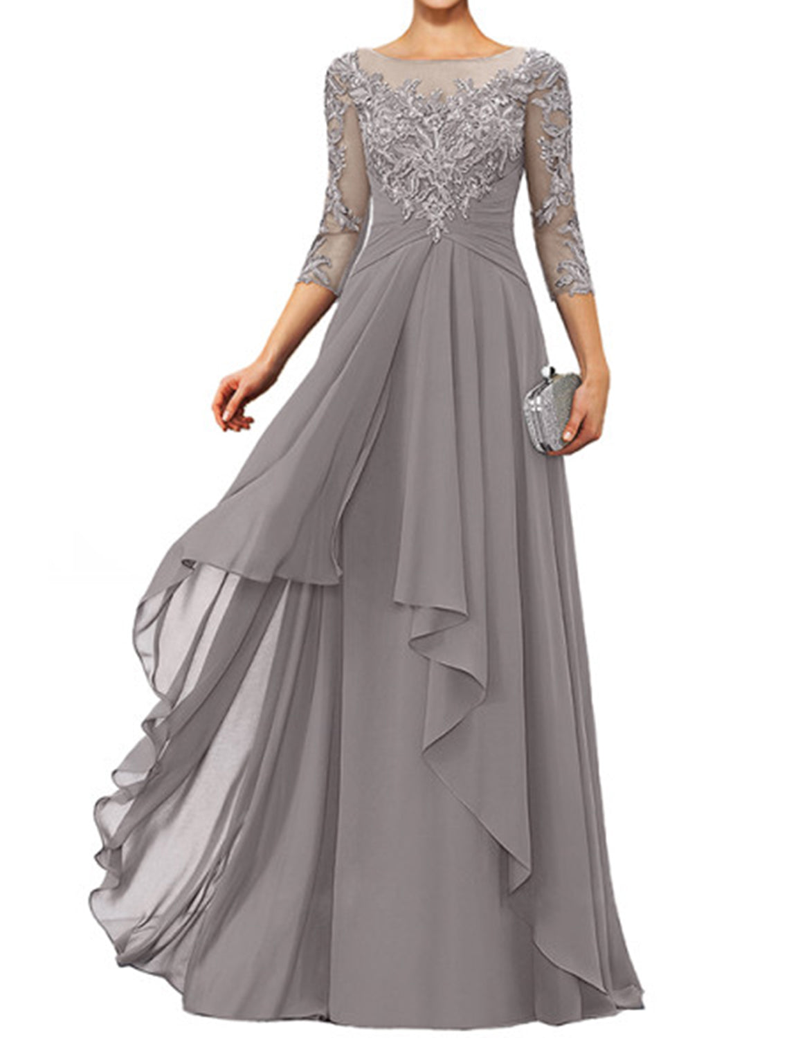 Sheath / Column Mother of the Bride Dress Elegant Jewel Neck Floor Length Chiffon Lace 3/4 Length Sleeve with Appliques by YiHuiw