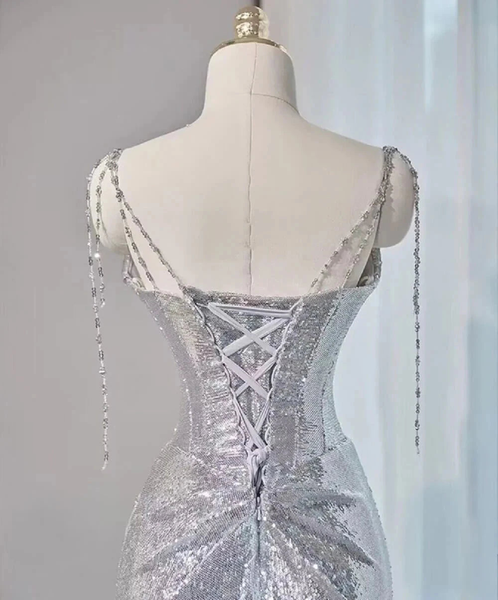 Silver Mermaid Style Prom Dresses Sequin Long Holiday Dress Party simple gentle atmospheric and unique desi Bring summer colors to enhance whiteness by YiHuiw