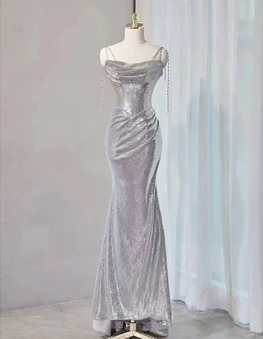 Silver Mermaid Style Prom Dresses Sequin Long Holiday Dress Party simple gentle atmospheric and unique desi Bring summer colors to enhance whiteness by YiHuiw