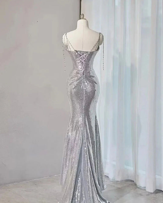 Silver Mermaid Style Prom Dresses Sequin Long Holiday Dress Party simple gentle atmospheric and unique desi Bring summer colors to enhance whiteness by YiHuiw