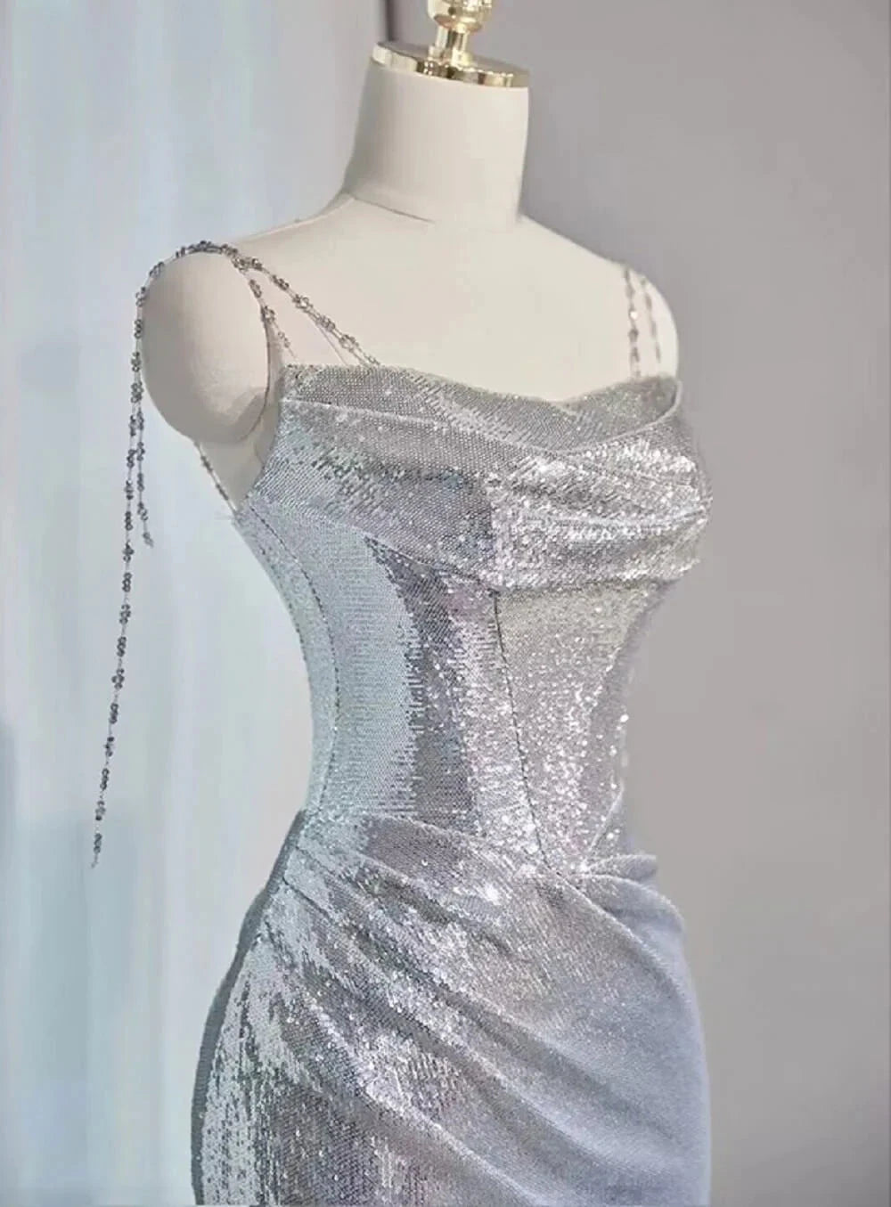 Silver Mermaid Style Prom Dresses Sequin Long Holiday Dress Party simple gentle atmospheric and unique desi Bring summer colors to enhance whiteness by YiHuiw