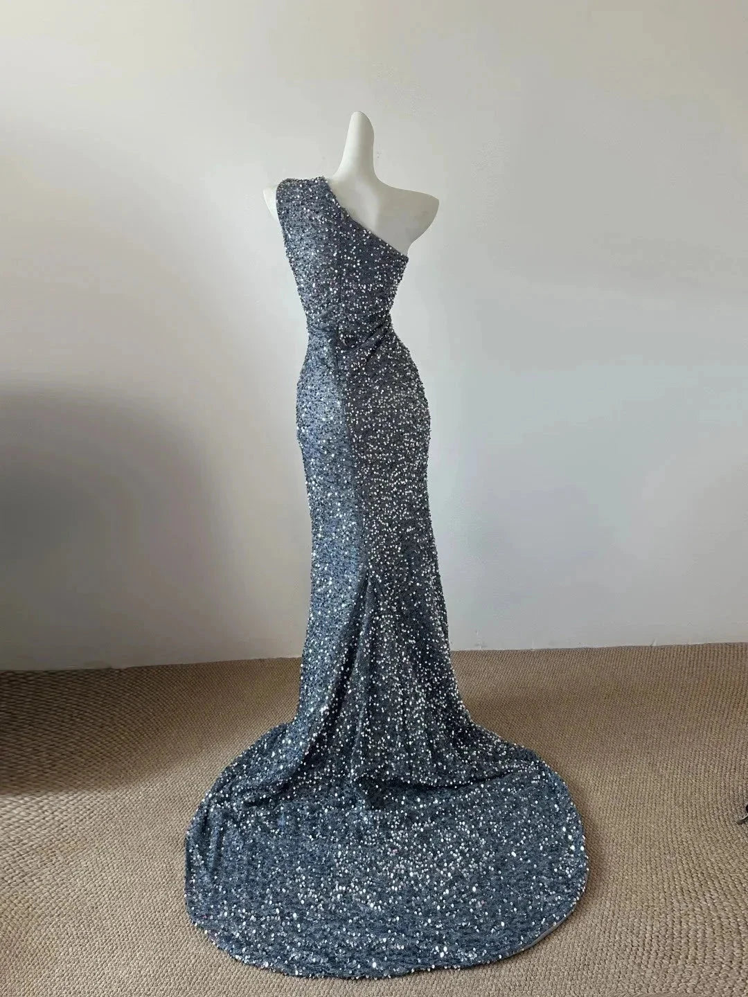 Silver grey one shoulder sequined fish tail long dress with unique hollow cut, suitable for formal dinners and parties by YiHuiw