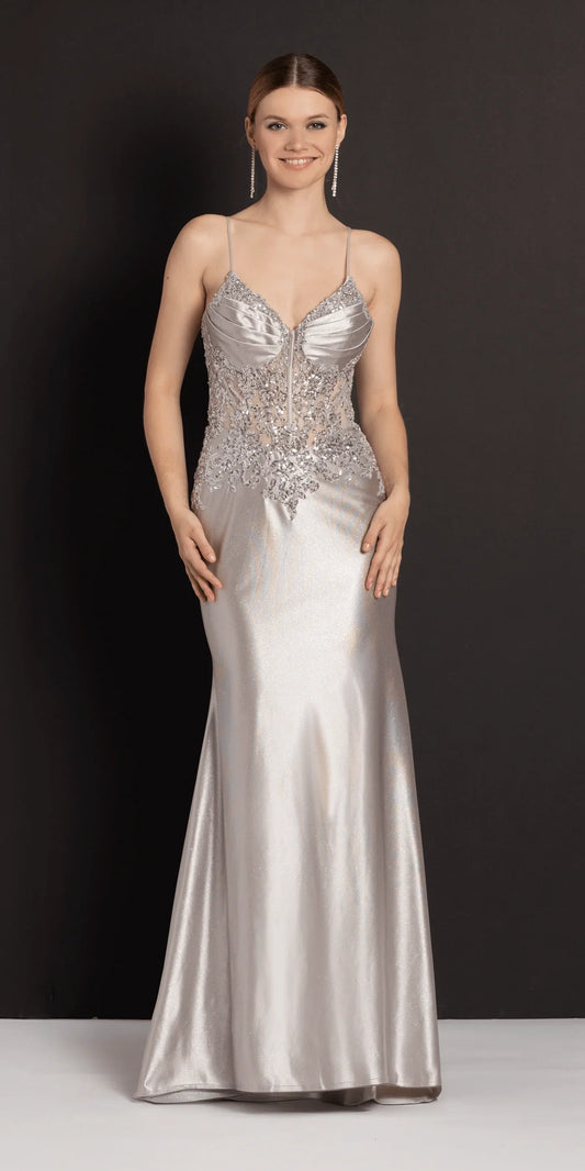 Silver shimmer satin evening dress with spaghetti straps, beaded lace corset, and mermaid skirt
