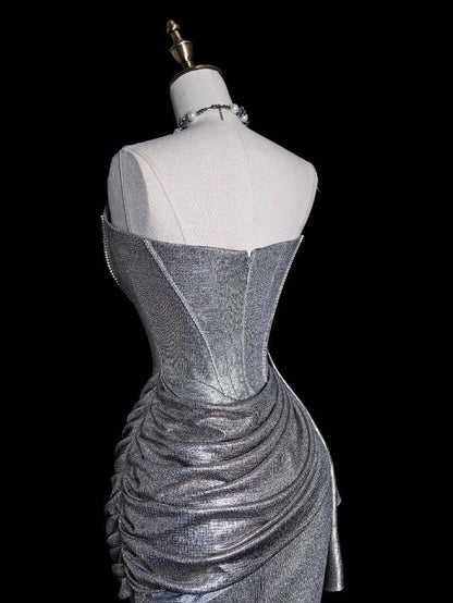 Silver strapless dress, made of glossy fabric, with side pleats and high slit design by YiHuiw