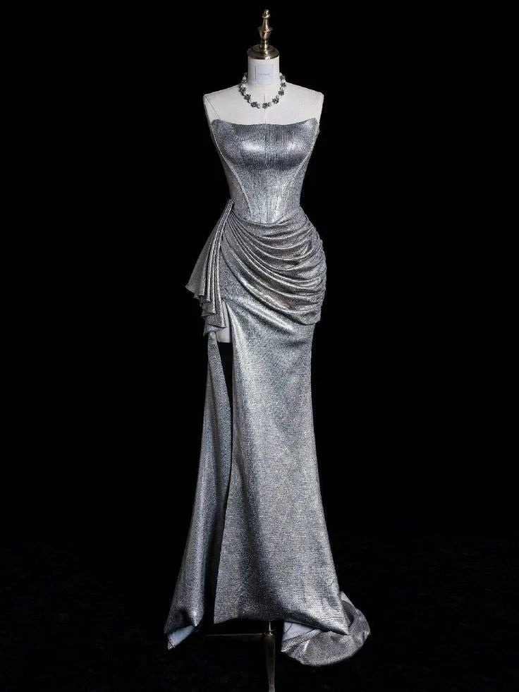 Silver strapless dress, made of glossy fabric, with side pleats and high slit design by YiHuiw