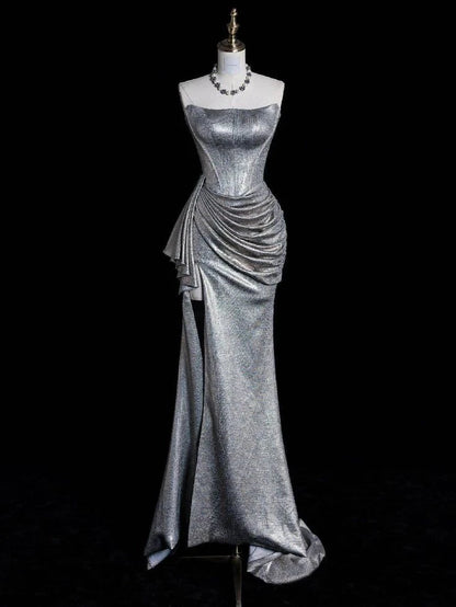 Silver strapless dress, made of glossy fabric, with side pleats and high slit design by YiHuiw