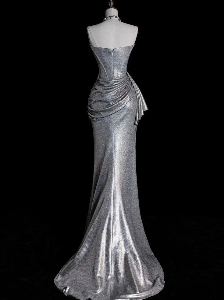 Silver strapless dress, made of glossy fabric, with side pleats and high slit design by YiHuiw