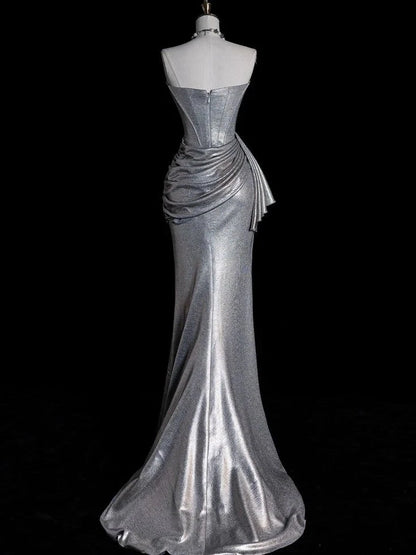 Silver strapless dress, made of glossy fabric, with side pleats and high slit design by YiHuiw