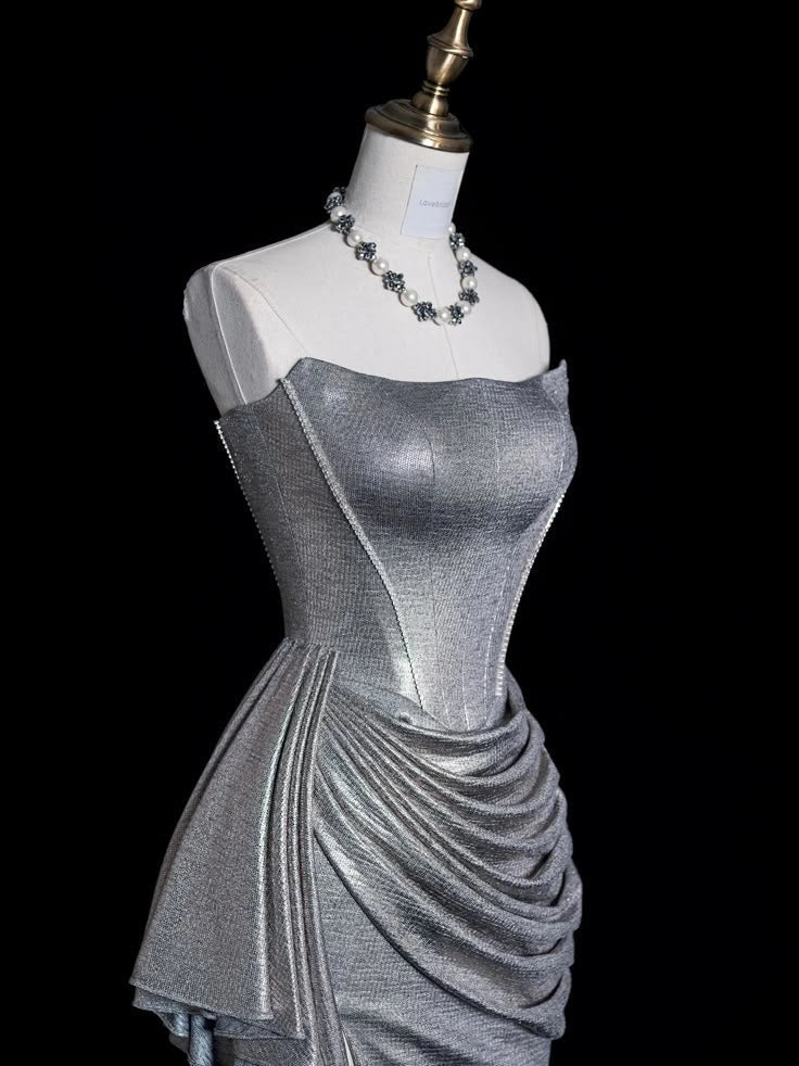 Silver strapless dress, made of glossy fabric, with side pleats and high slit design by YiHuiw
