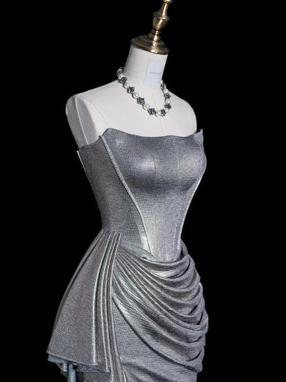 Silver strapless dress, made of glossy fabric, with side pleats and high slit design by YiHuiw