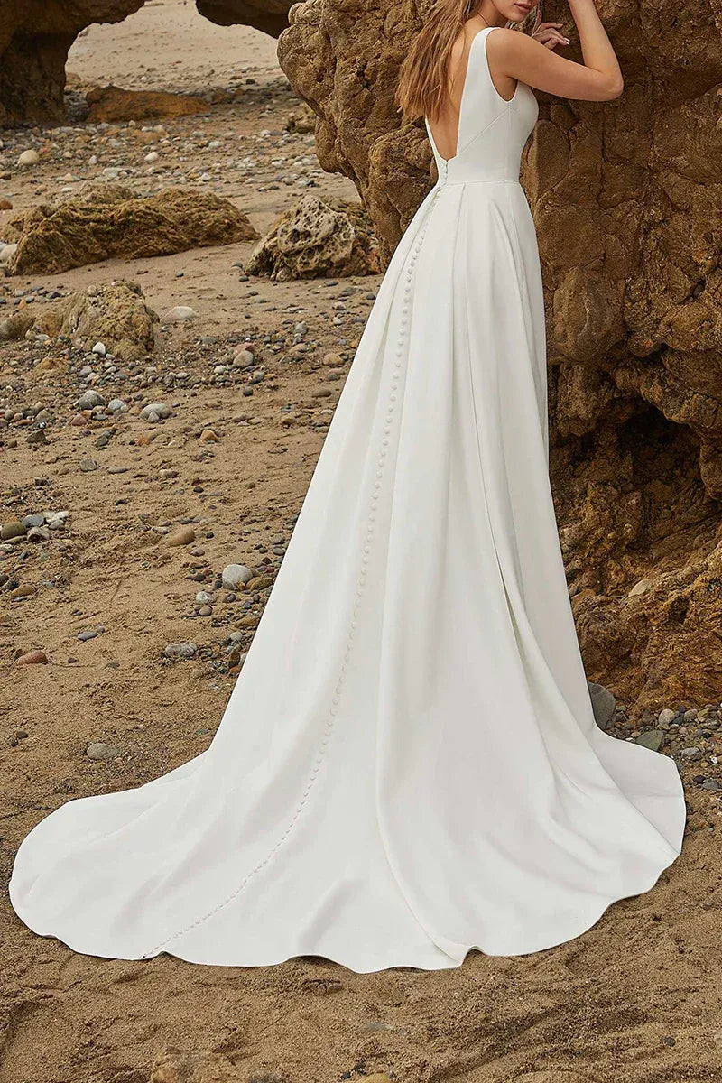A-Line Satin High Slit Wedding Dress - Yihuiw by Yihuiw