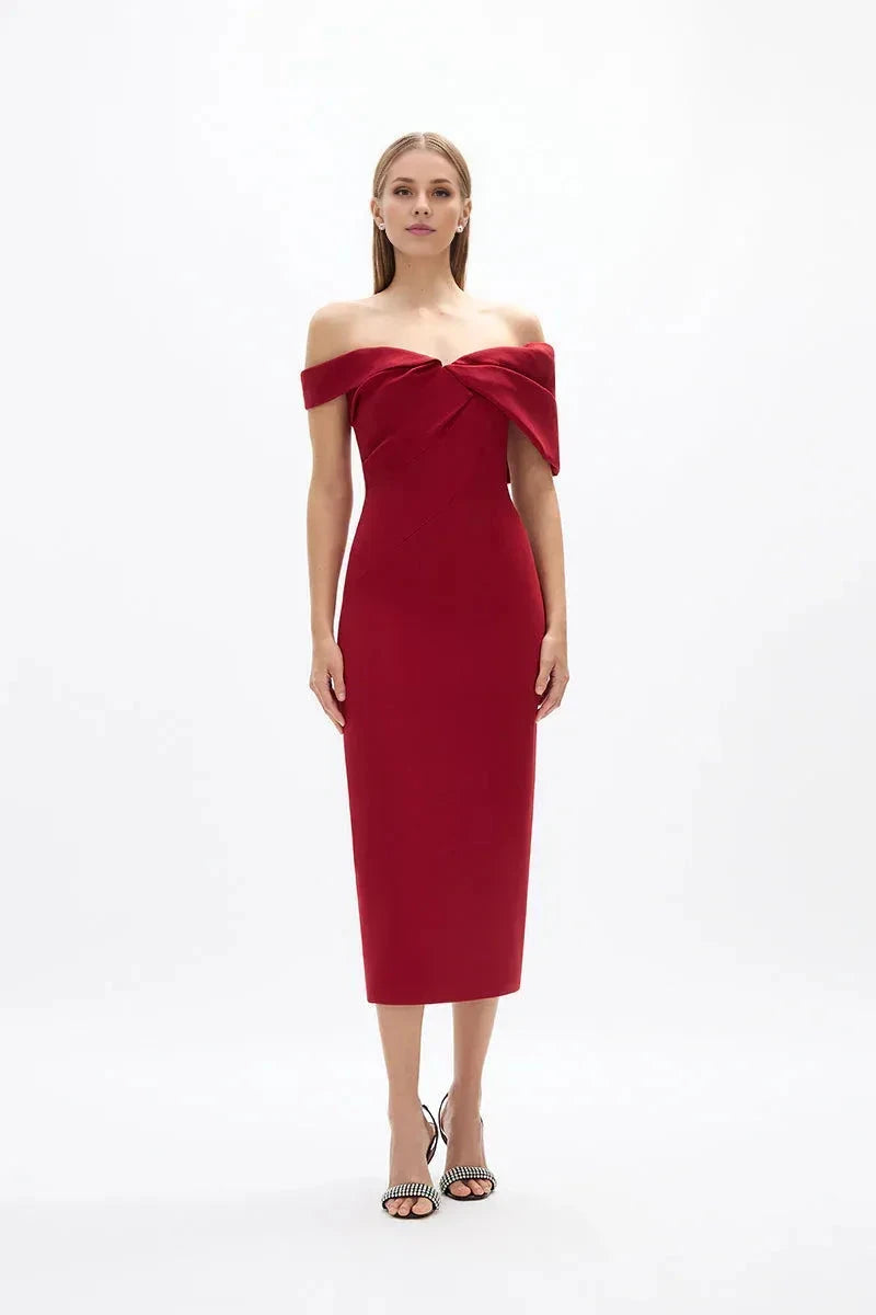 Simple Sheath Off the Shoulder Sleeveless Zipper Back High Slit Midi Length For Ladies Prom Dress by YiHuiw