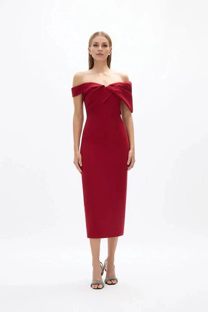 Simple Sheath Off the Shoulder Sleeveless Zipper Back High Slit Midi Length For Ladies Prom Dress by YiHuiw