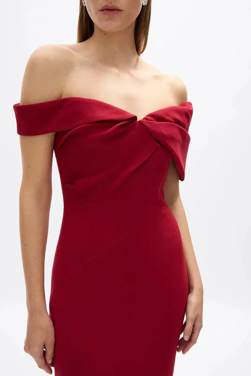 Simple Sheath Off the Shoulder Sleeveless Zipper Back High Slit Midi Length For Ladies Prom Dress by YiHuiw