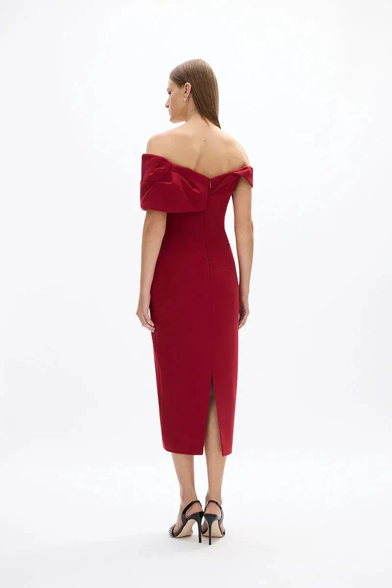 Simple Sheath Off the Shoulder Sleeveless Zipper Back High Slit Midi Length For Ladies Prom Dress by YiHuiw