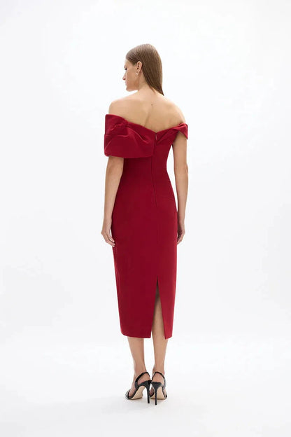 Simple Sheath Off the Shoulder Sleeveless Zipper Back High Slit Midi Length For Ladies Prom Dress by YiHuiw