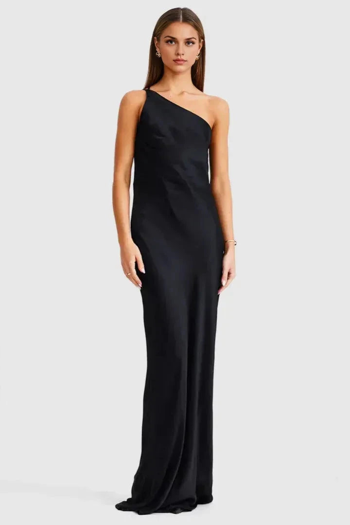 Simple Slip One-Shoulder Sleeveless Cutout Back Floor Length Female Prom Dress by YiHuiw