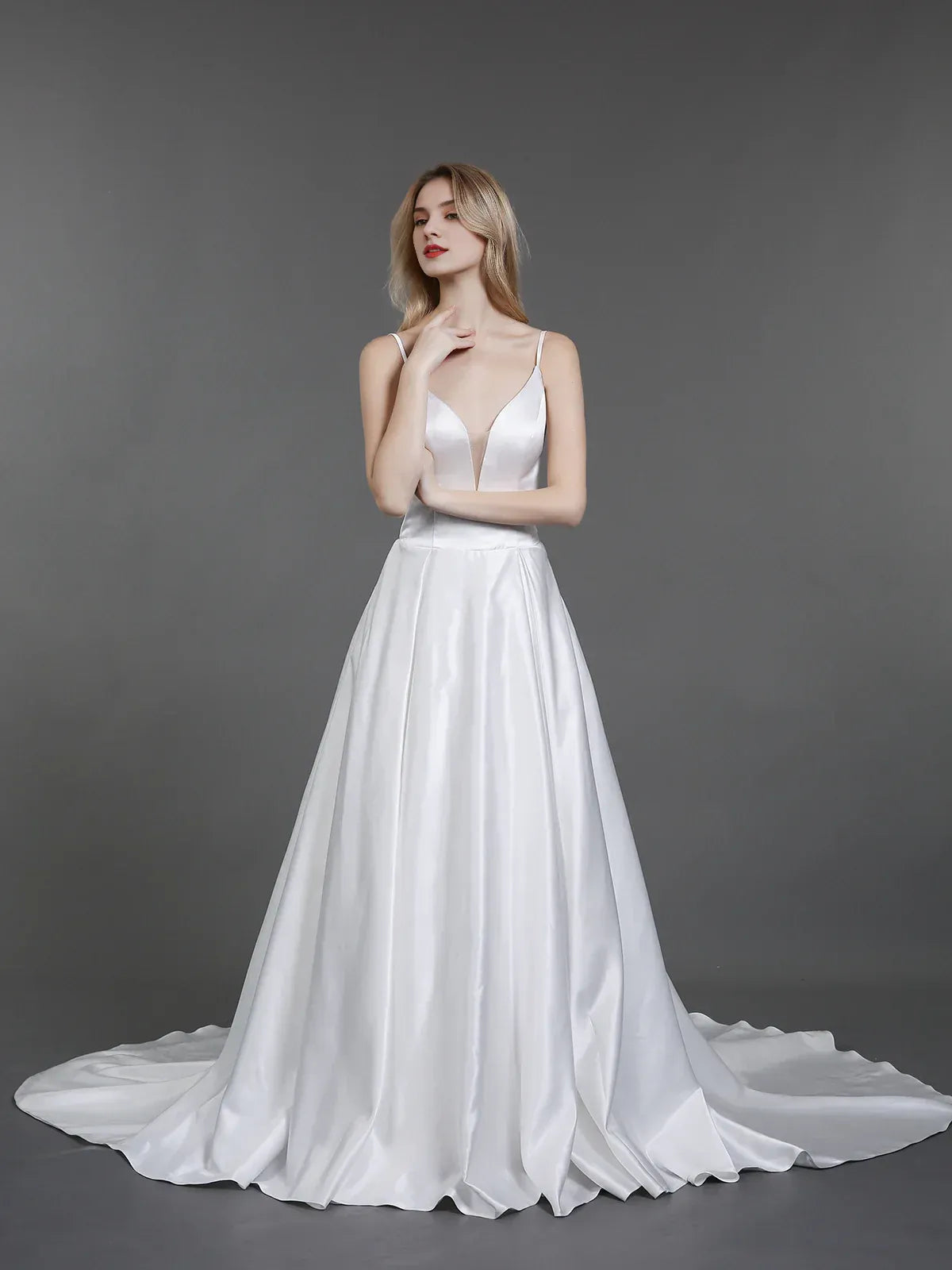 A-Line Spaghetti Strap Satin Train Wedding Dress - Yihuiw by Yihuiw