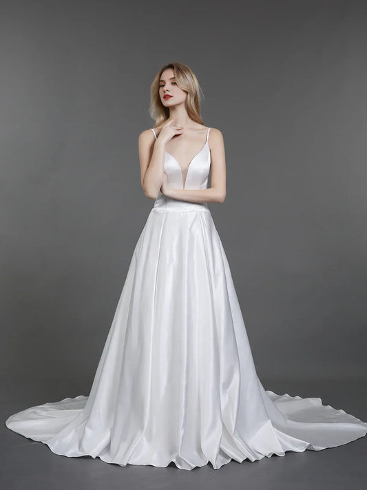 A-Line Spaghetti Strap Satin Train Wedding Dress - Yihuiw by Yihuiw