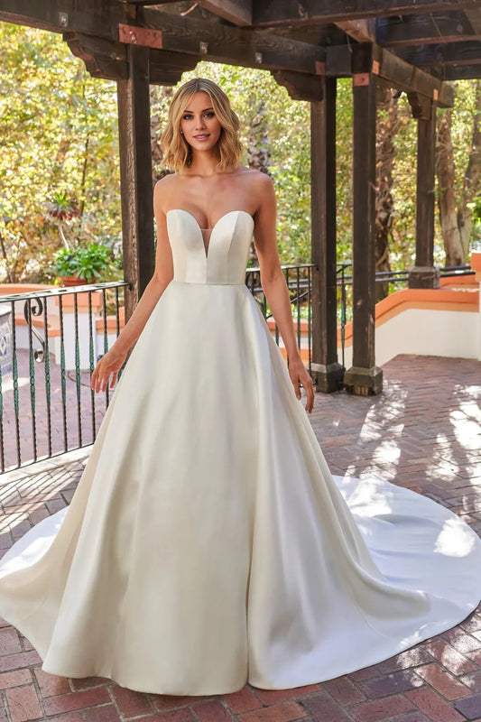 A-Line Sweetheart Satin Open Back Train Wedding Dress - Yihuiw by Yihuiw