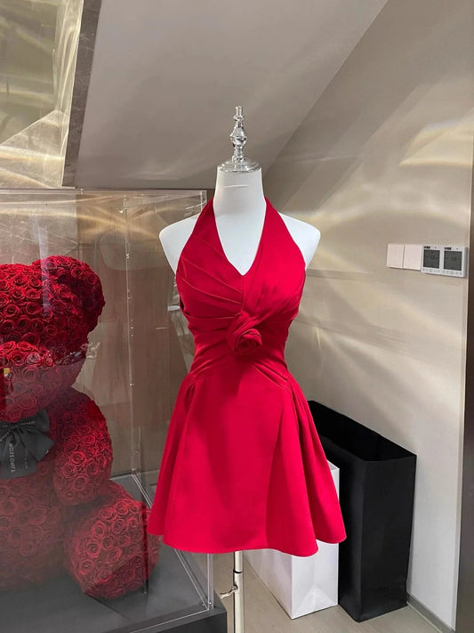 Simple A Line Halter Red Chiffon Floral Short Formal Homecoming Dresses Party Graduation Dress Hoco Dresses by YiHuiw