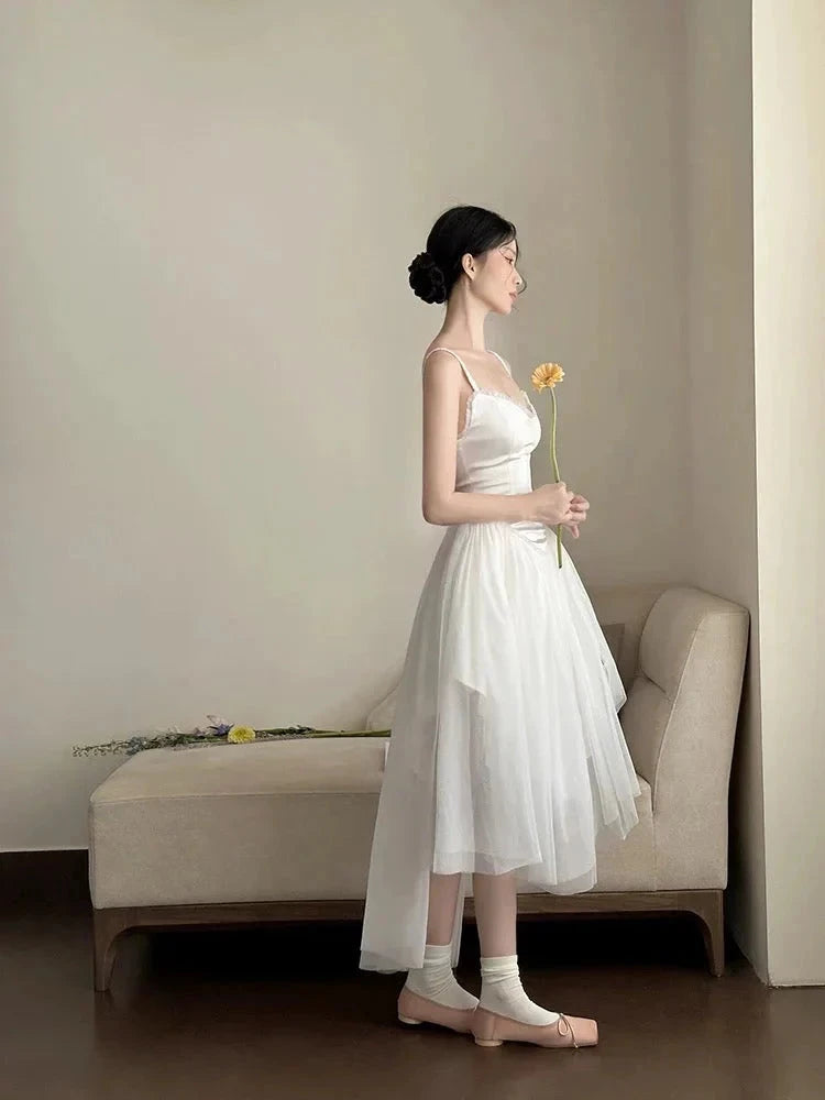 Simple A Line Spaghetti Straps Prom Gown Summer Wedding Guest Dress Bridal Guest Dresses White Wedding Outfits For Guest simple gentle atmospheric and unique desi Bring summer colors to enhance whiteness by YiHuiw