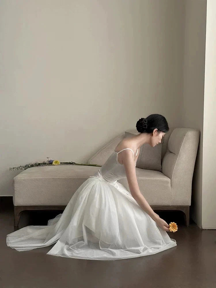 Simple A Line Spaghetti Straps Prom Gown Summer Wedding Guest Dress Bridal Guest Dresses White Wedding Outfits For Guest simple gentle atmospheric and unique desi Bring summer colors to enhance whiteness by YiHuiw