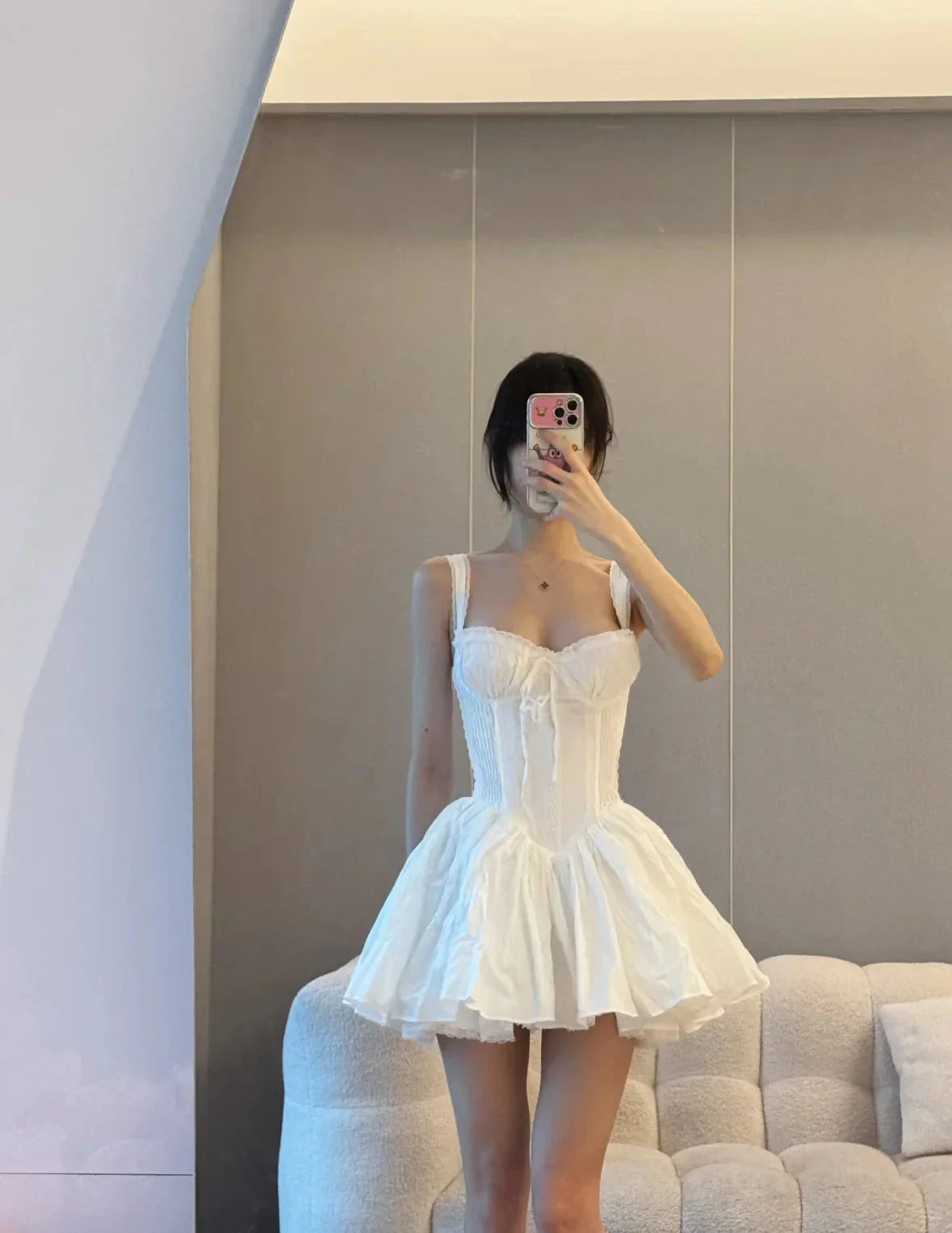 Simple A line Square Neck White Short Homecoming Dress Summer Hoco Dresses Mini Cocktail Dress by YiHuiw