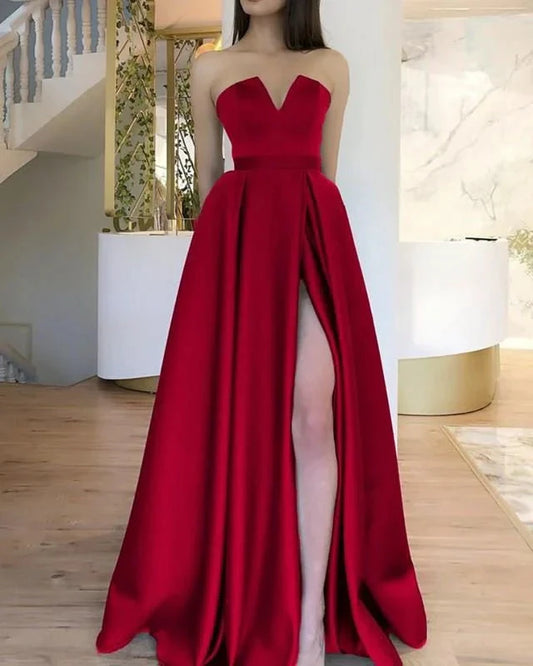 Simple A line Strapless Sleeveless Red Slit Long Evening Party Gowns Evening Special Formal Dresses Prom Dress by YiHuiw