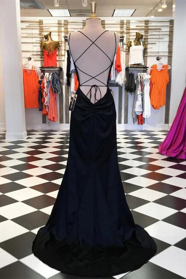 Simple Black Satin Sheath Spaghetti Straps Long Prom Dresses Evening Gown simple gentle atmospheric and unique desi Bring summer colors to enhance whiteness by YiHuiw
